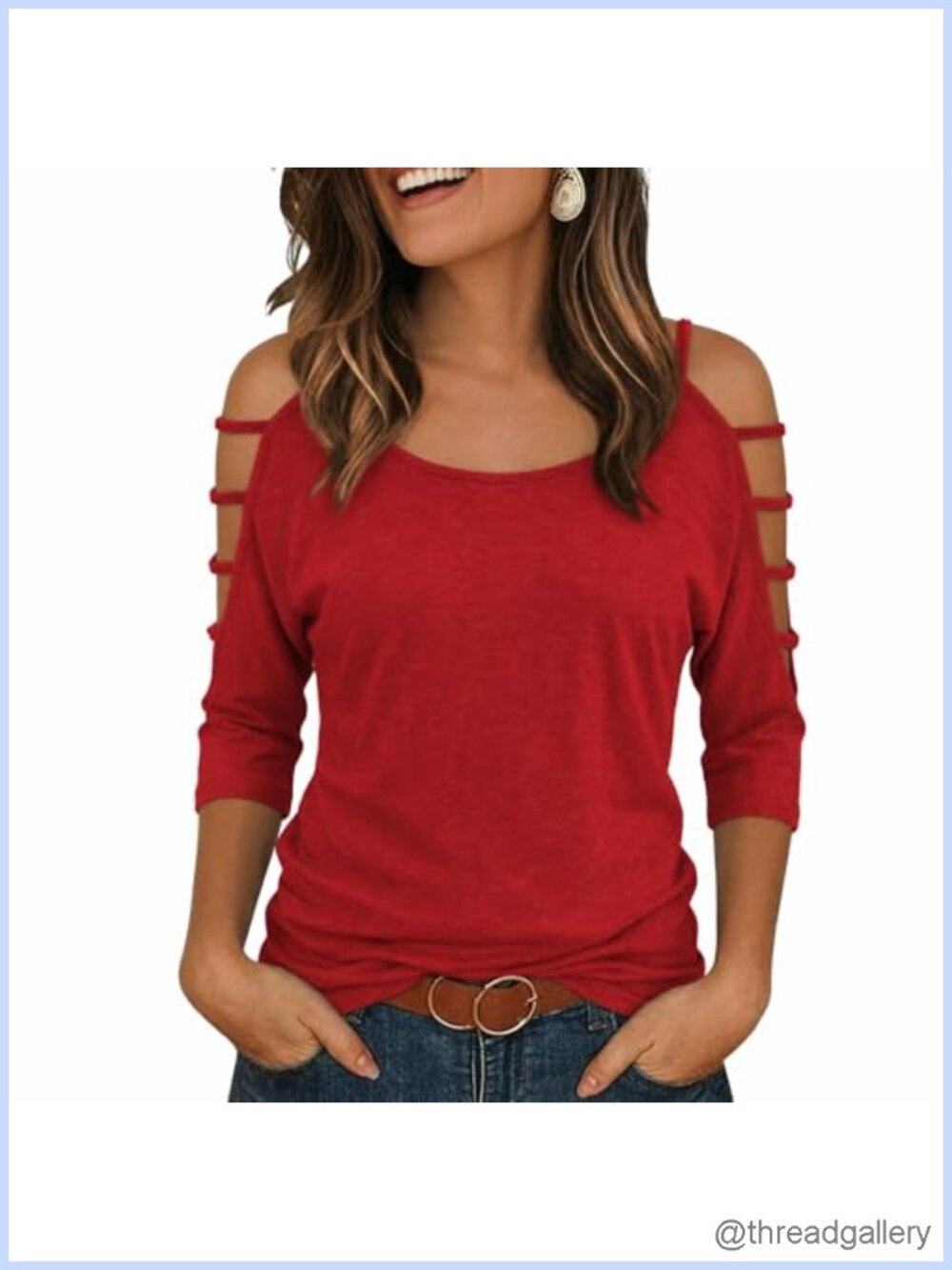 Women's Cold Shoulder Tunic Top 3/4 Sleeve Cutout Casual Blouse